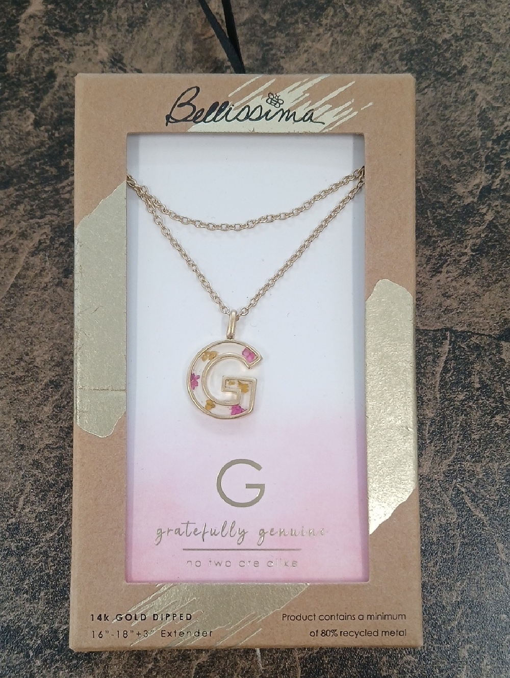 Bellissima Gold 'G' Initial Necklace with Pink Accents